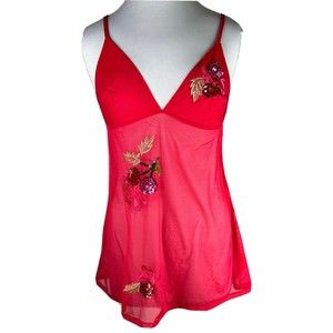 Victoria's Secret Lingerie top nighty LARGE Sheer Mesh Red sequin embroidered